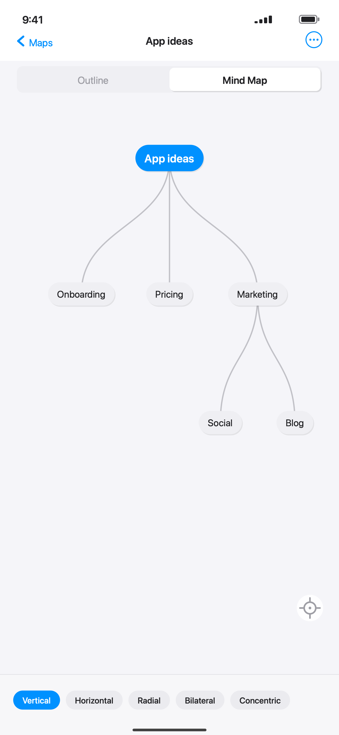Mind map view, vertical tree layout